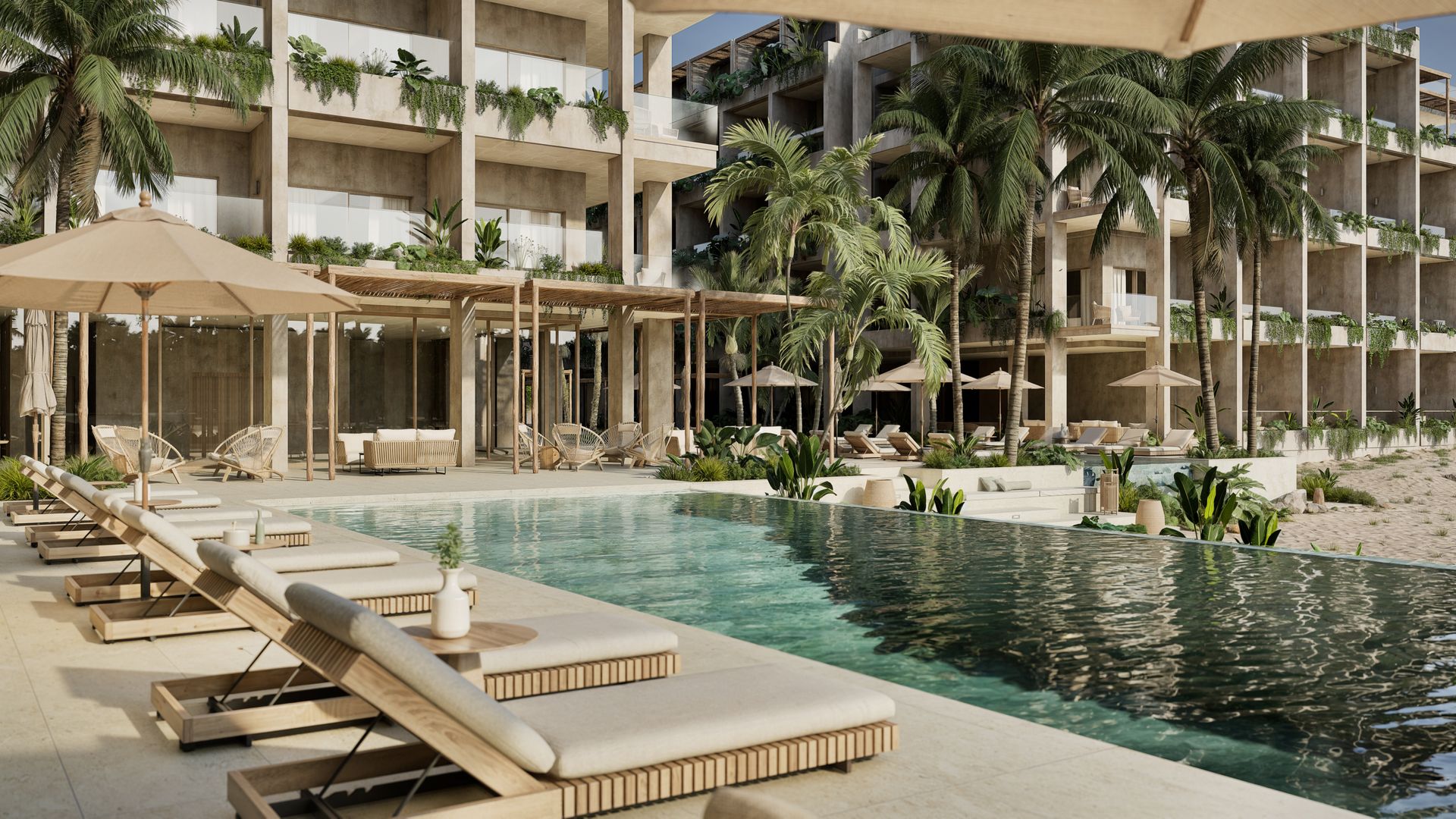 Aerial view of terraces and beach